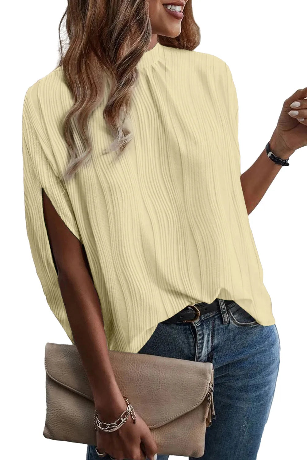 White Wavy Textured Split Sleeve High Neck Blouse - Chic Meadow Boutique 