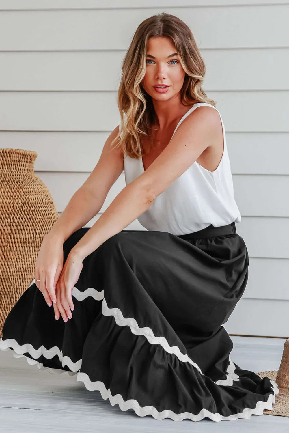 Black Ricrac Trim Colorblock High Waist Long Skirt - Chic Meadow Boutique 