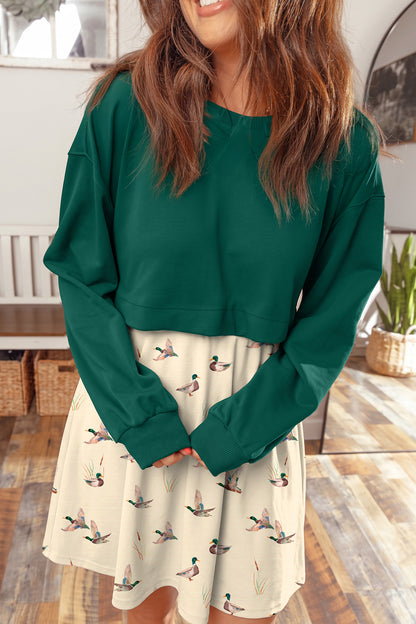 Green Solid Long Sleeve Patchwork Mallard Flared 2-in-1 Mini Dress