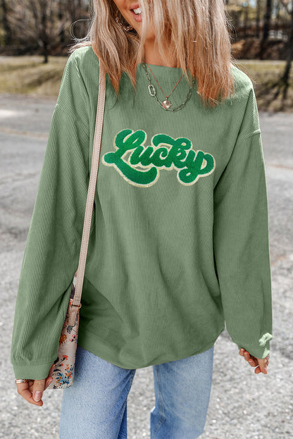 Grass Green Chenille Lucky Patched Graphic Ribbed St Patrick Sweatshirt