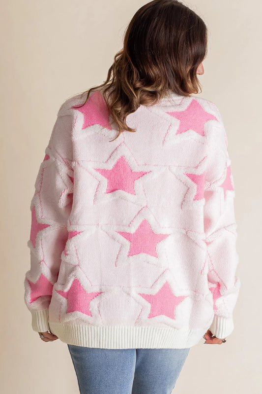Sachet Pink Oversized Cute Star Pattern Ribbed Edge Drop Shoulder Sweater
