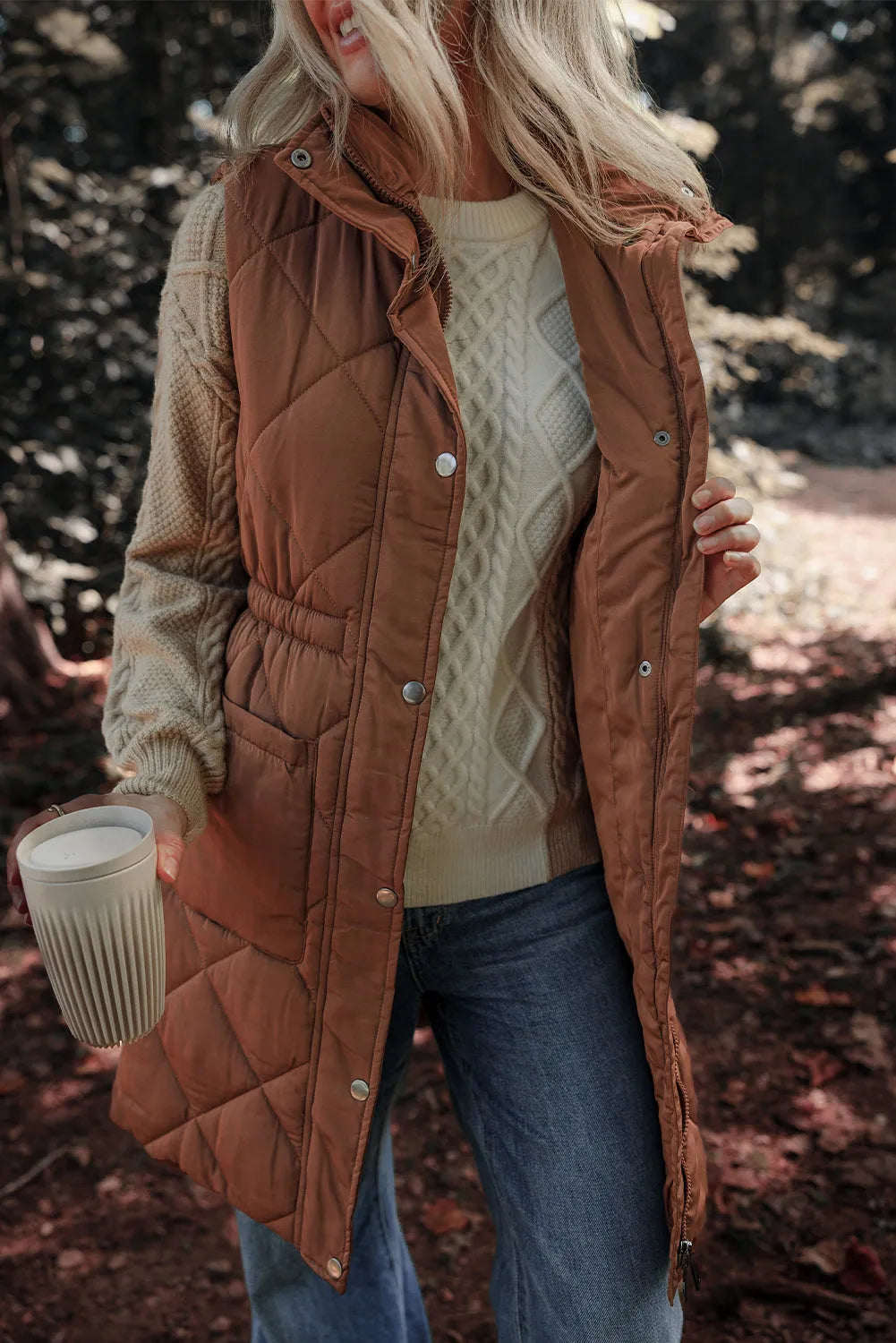 Coffee Longline Quilted Stand Collar Puffer Vest - Chic Meadow Boutique 