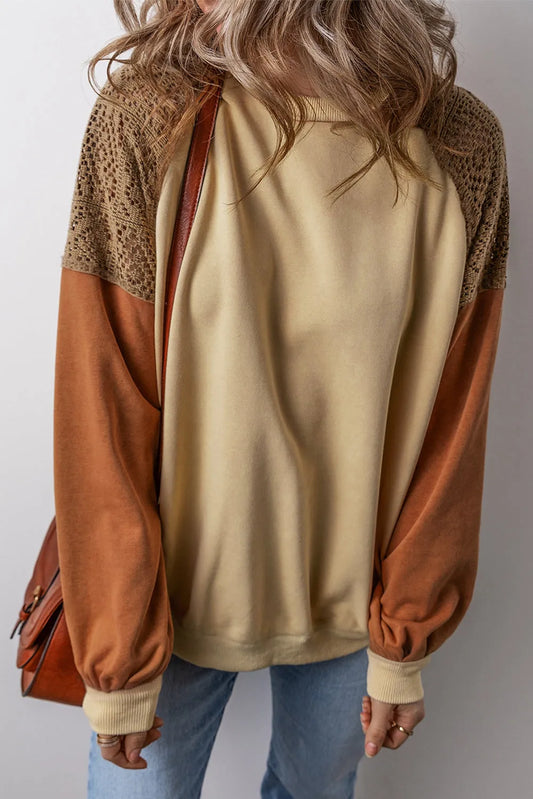 Khaki Lace Patchwork Colorblock Drop Shoulder Sweatshirt - Chic Meadow Boutique 