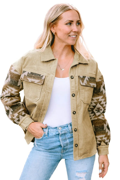 Khaki Aztec Print Patchwork Frayed Edge Corduroy Jacket - Chic Meadow Boutique 