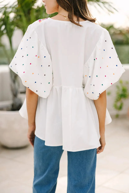 White Embroidered Puff Sleeve V Neck Blouse - Chic Meadow Boutique 