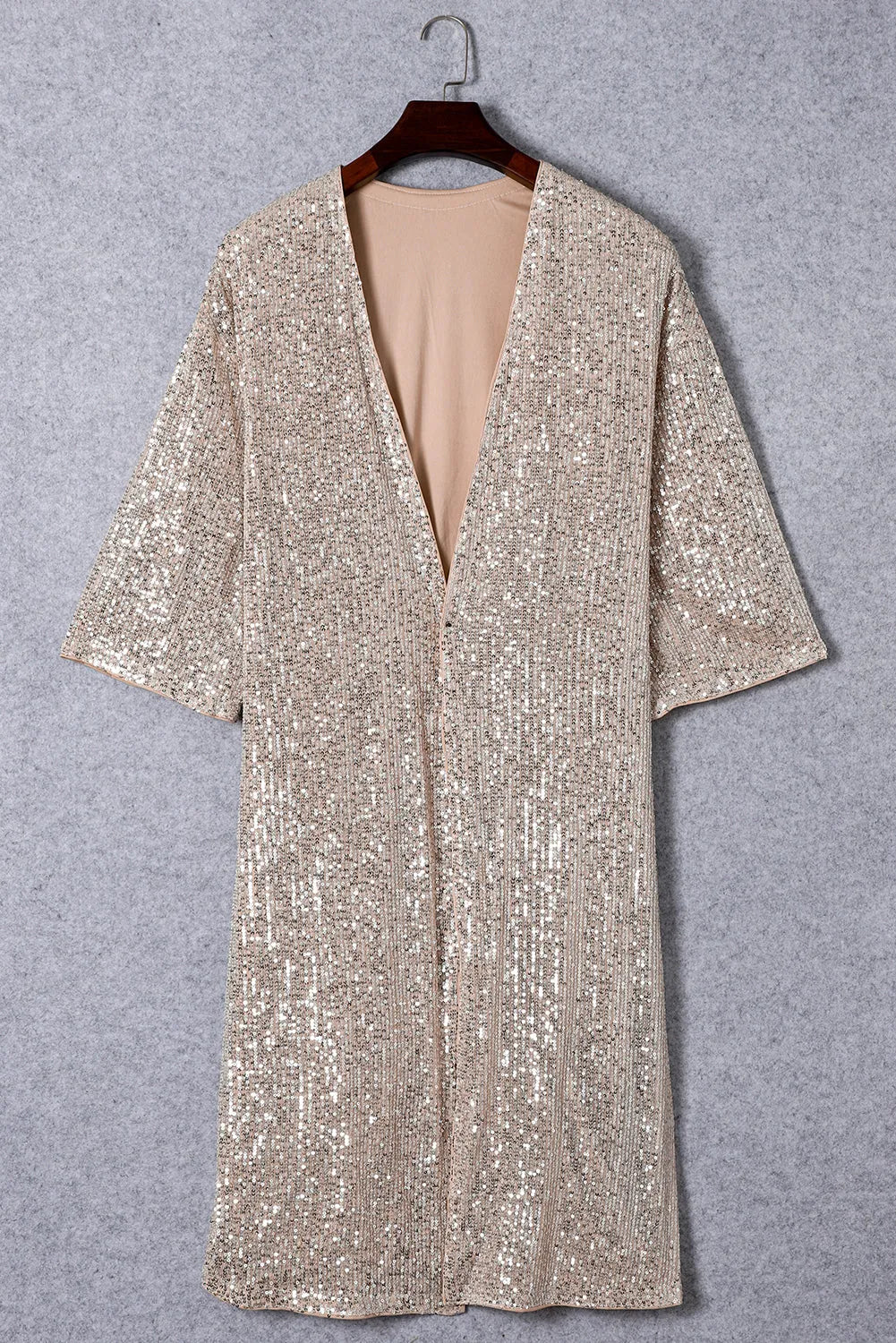 Apricot Sequin 3/4 Sleeve Open Front Duster Kimono - Chic Meadow Boutique 