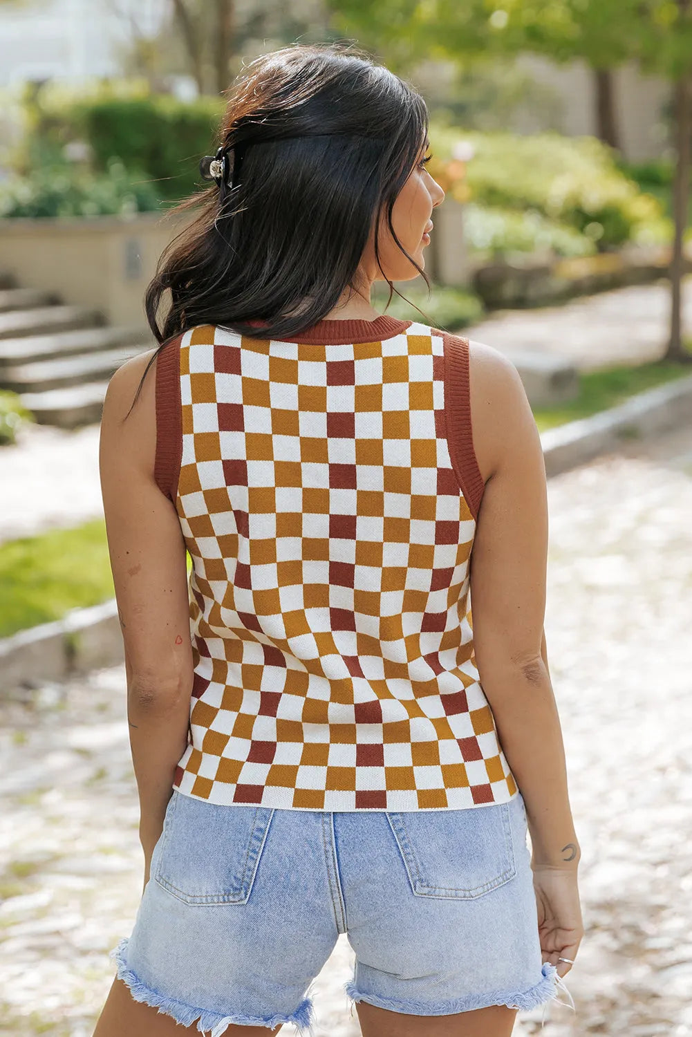 Brown Checkered Ribbed Trim Knit Sweater Vest - Chic Meadow Boutique 