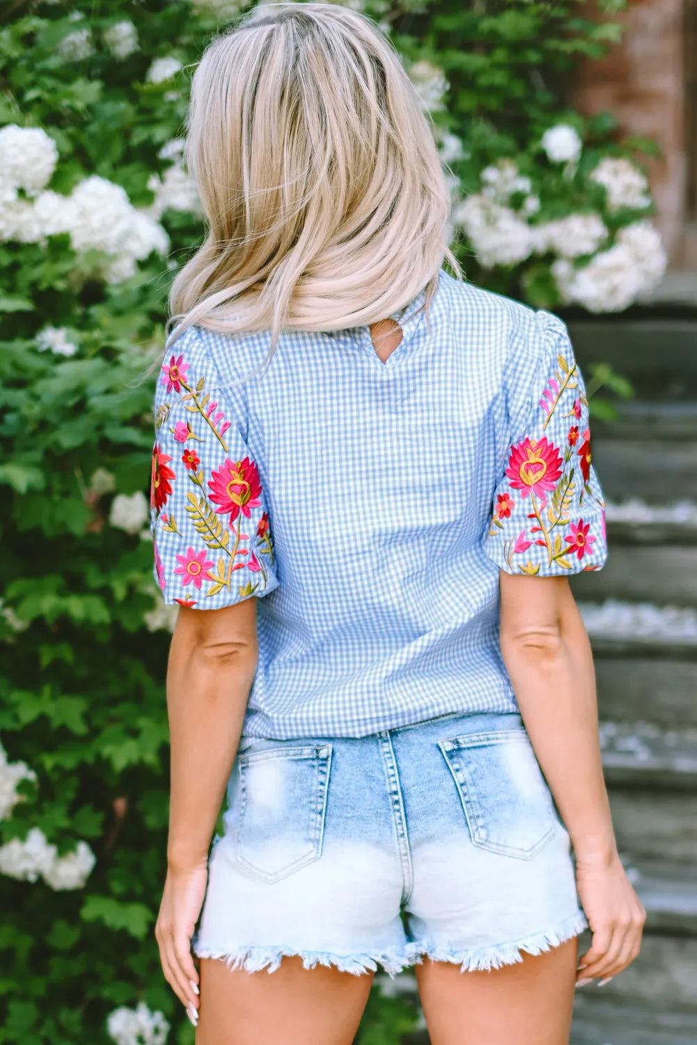 Light Blue Gingham Floral Embroidered Puff Sleeve Blouse - Chic Meadow Boutique 