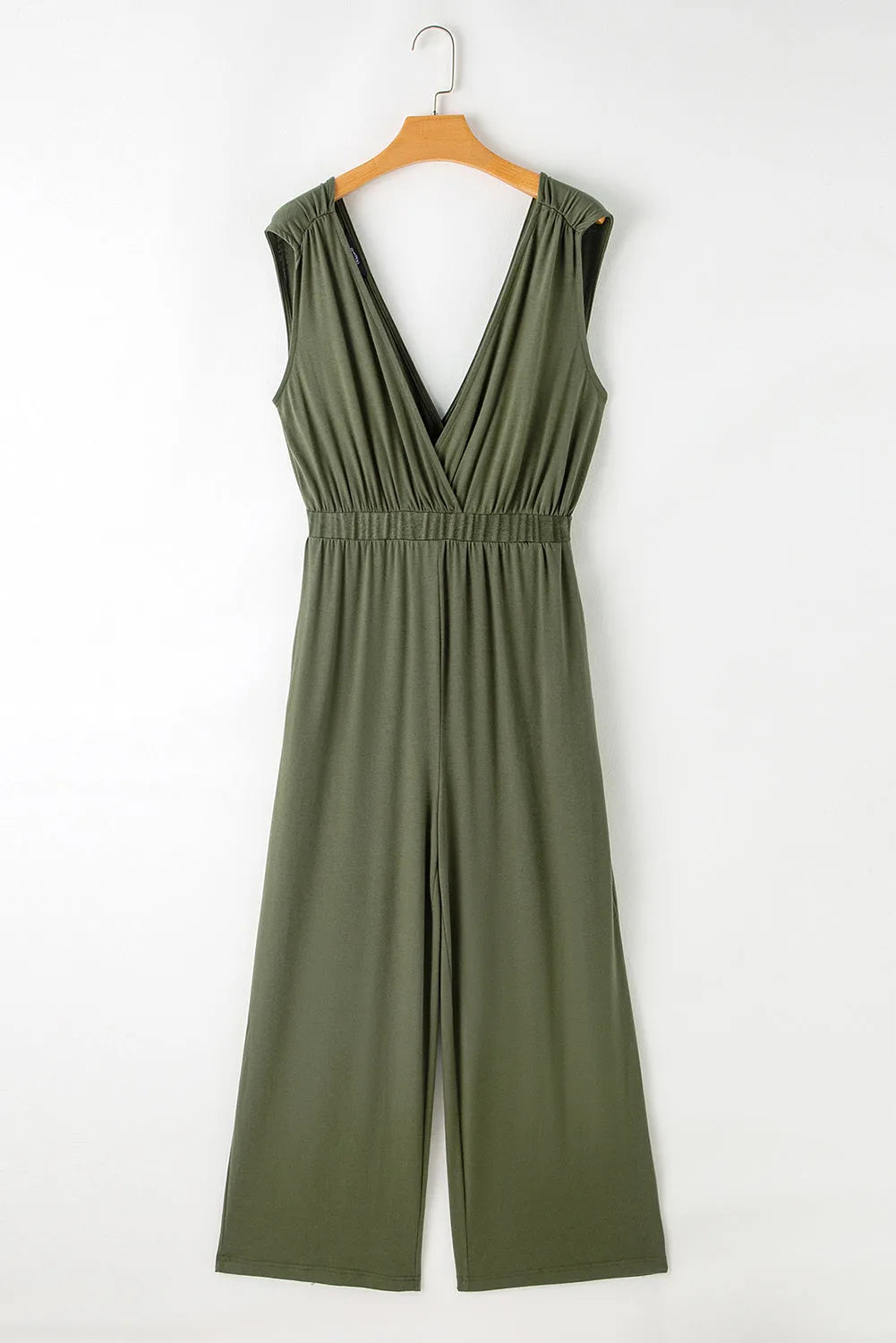 Jungle Green Deep V Pleated Crisscross Wide Leg Backless Jumpsuit - Chic Meadow Boutique 