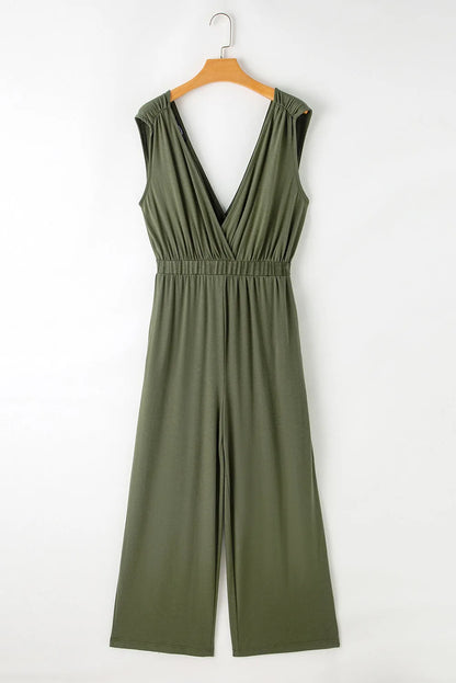 Bottoms/Jumpsuits & Rompers Jungle Green Deep V Pleated Crisscross Wide Leg Backless Jumpsuit