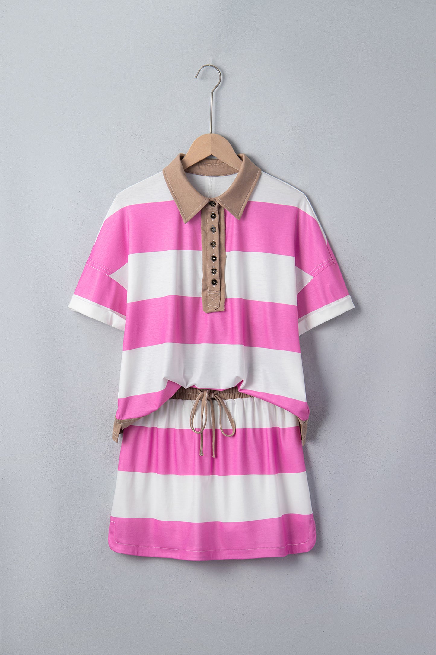 Rose Stripe Colorblock Trim Polo Tee Drawstring Mini Skort 2pcs Set