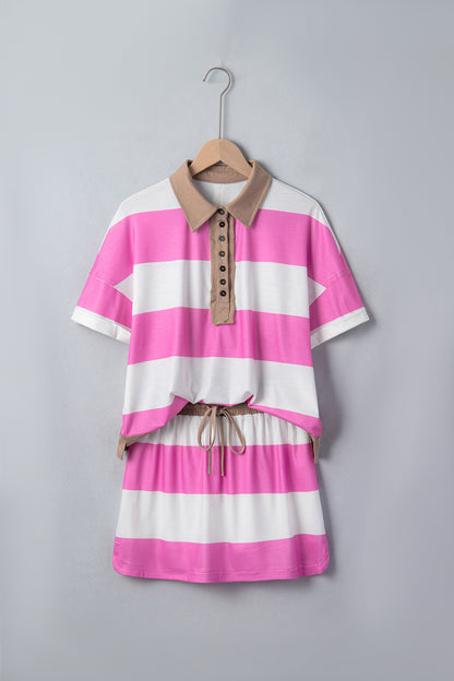 Rose Stripe Colorblock Trim Polo Tee Drawstring Mini Skort 2pcs Set