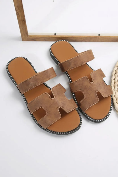 Brown Cut Out H Shape Band PU Leather Slippers - Chic Meadow Boutique 