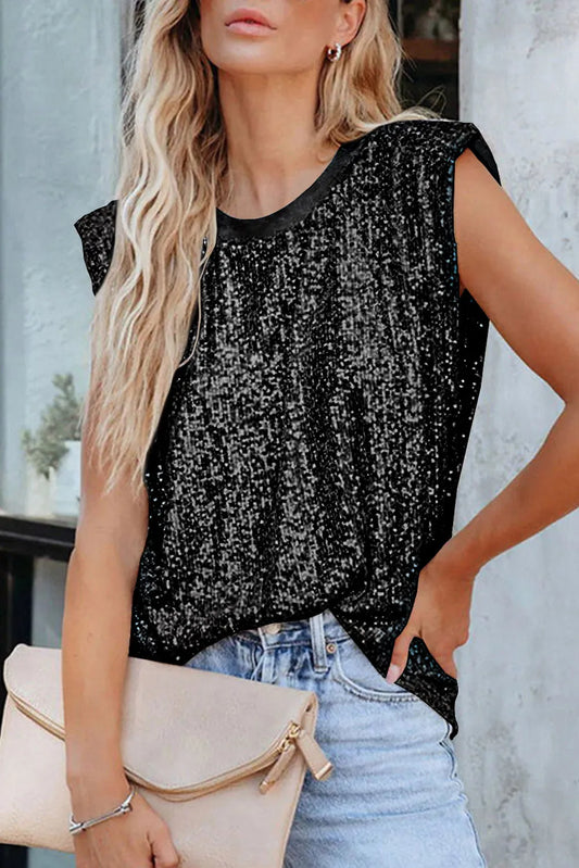 Black Apricot Sequin Round Neck Tank Top - Chic Meadow Boutique 