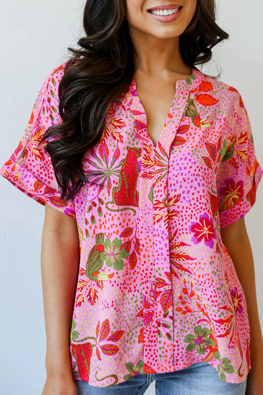 Rose Jungle Floral Print Notch V Neck Blouse - Chic Meadow Boutique 