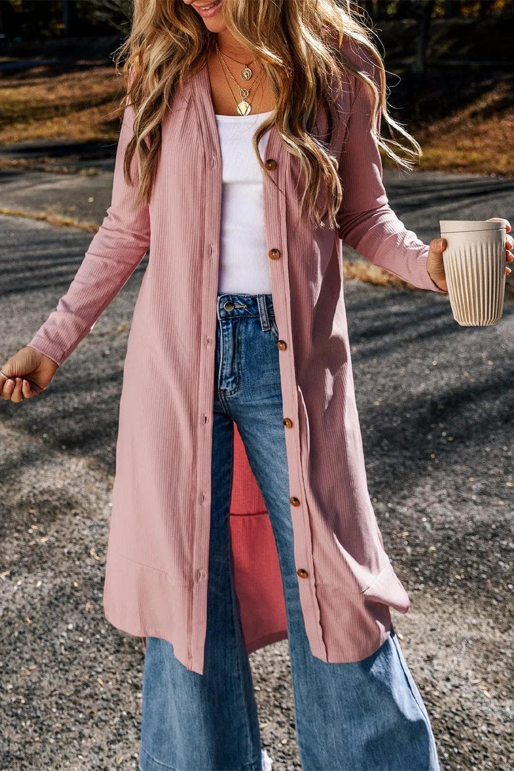 Tops/Sweaters & Cardigans Pink Ribbed Button-Up Split Duster Cardigan