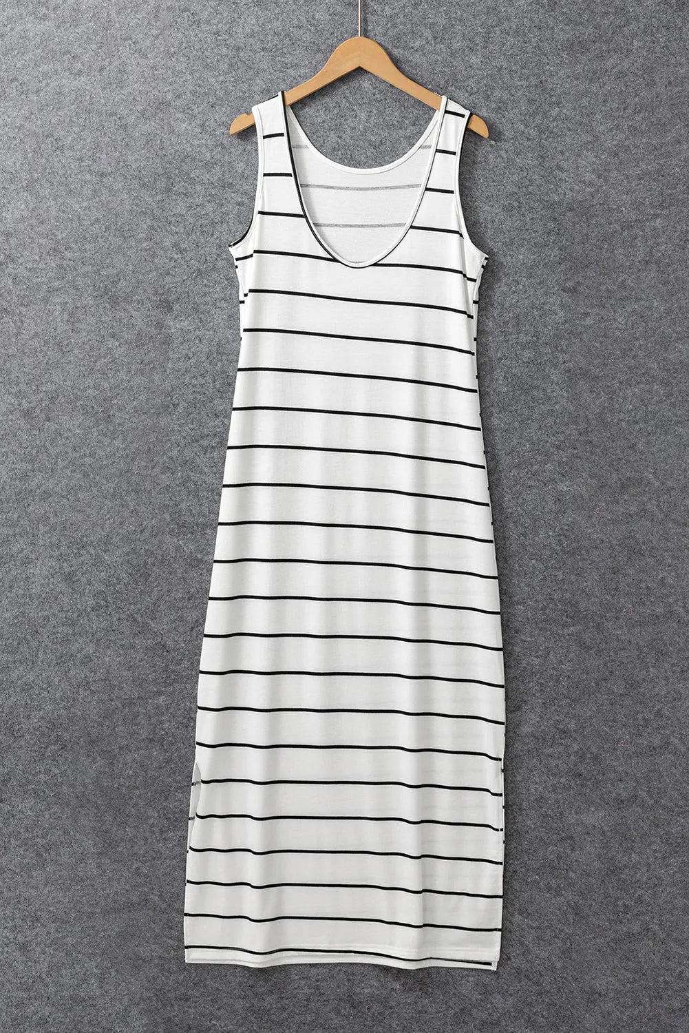 White Stripe Print Open Back Sleeveless Maxi Dress with Slits - Chic Meadow Boutique 