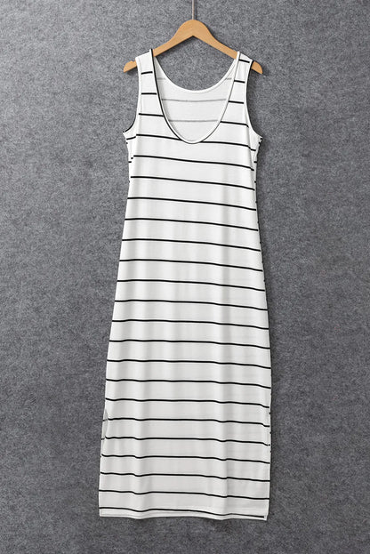 White Stripe Print Open Back Sleeveless Maxi Dress with Slits - Chic Meadow Boutique 