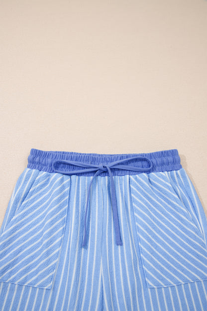 Sky Blue Stripe Crew Neck Tee Drawstring Waist Cropped Pants Set