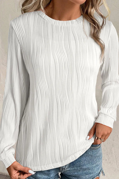 White Textured Wavy Round Neck Long Sleeve Top - Chic Meadow Boutique 