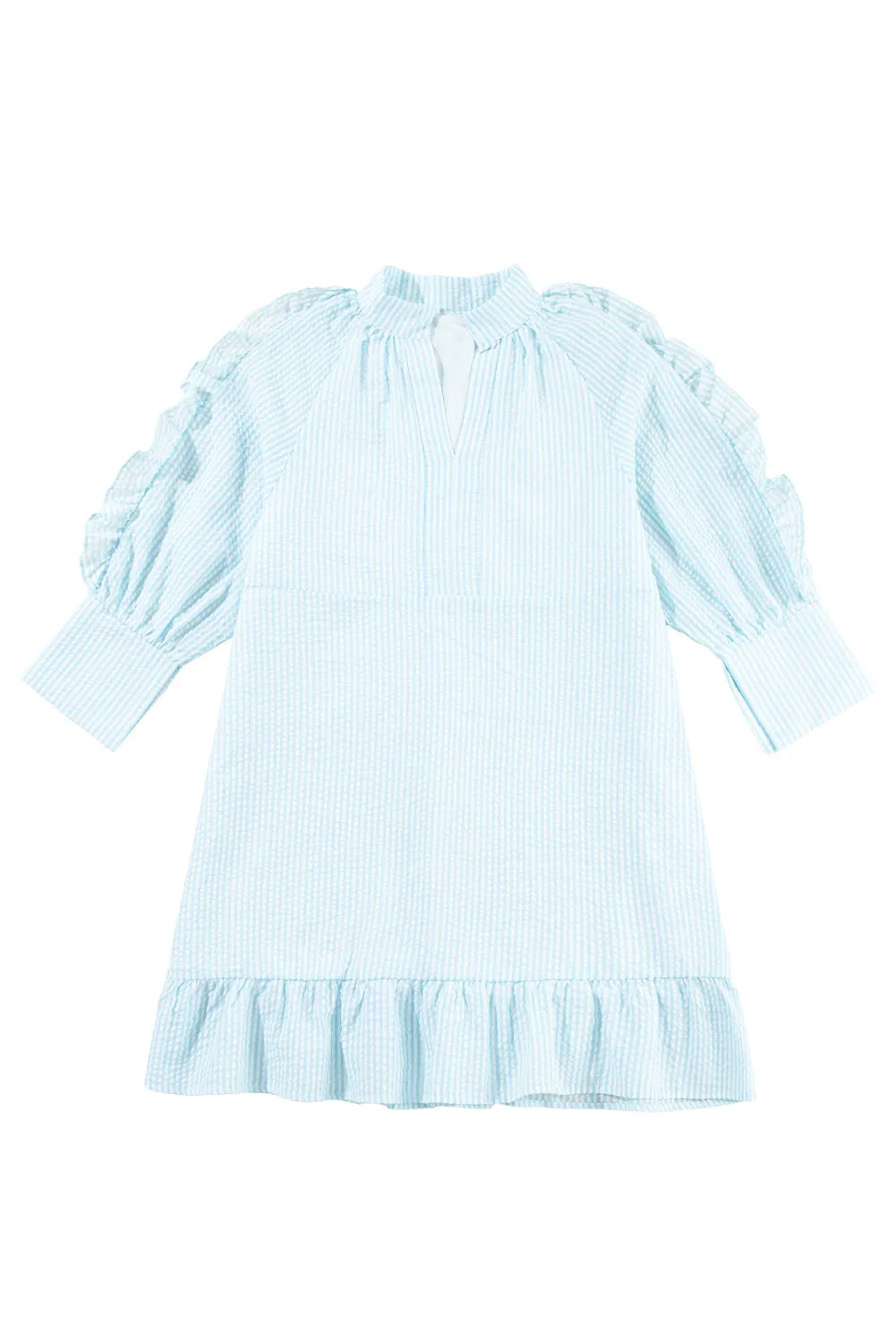 Dresses/Mini Dresses Myosotis Seersucker Ruffled Puff Sleeve Stand Neck Mini Dress