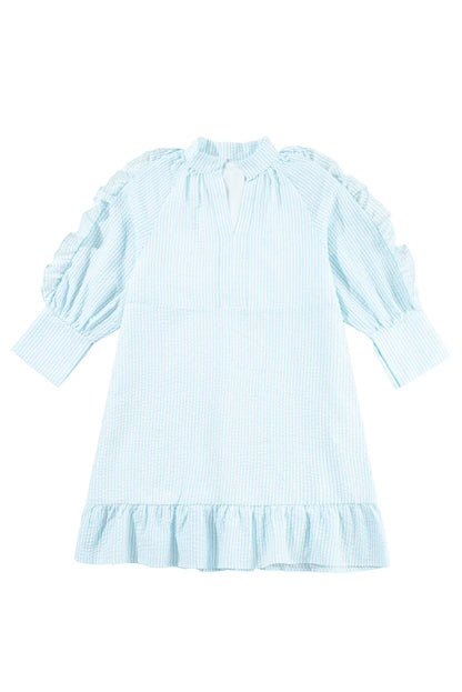 Myosotis Seersucker Ruffled Puff Sleeve Stand Neck Mini Dress - Chic Meadow Boutique 