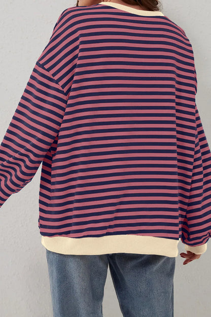 Red Stripe Oversized Contrast Trim Pullover Sweatshirt - Chic Meadow Boutique 