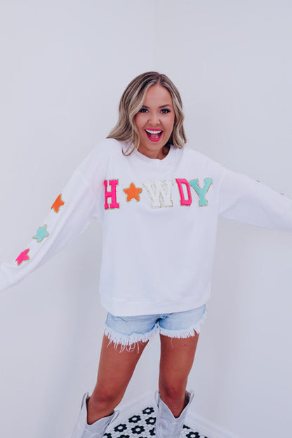 White Howdy Glitter Chenille Patch Graphic Casual Sweatshirt