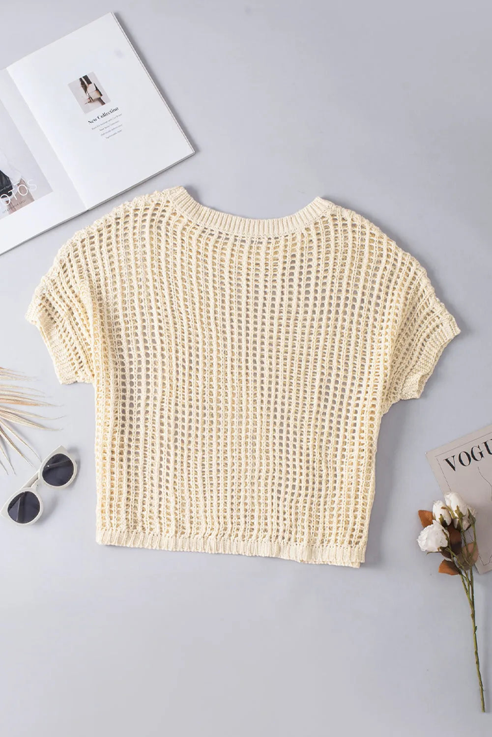 Tops/Short Sleeve Sweaters Apricot Fishnet Knit Ribbed Round Neck Short Sleeve Sweater Tee