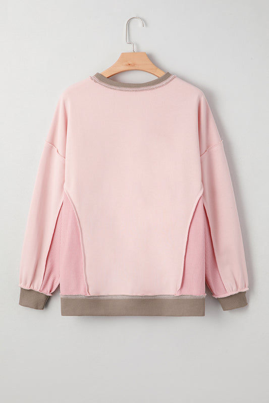 Light Pink Color Block Mix Texture Waffle Patchwork Oversize Sweatshirt