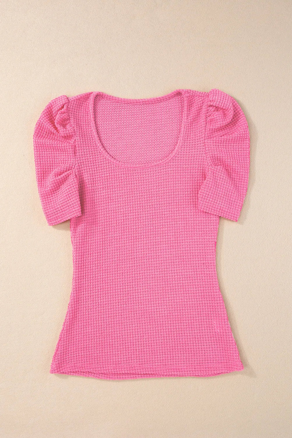 Bright Pink Waffle Knit Ruched Puff Sleeve Top - Chic Meadow Boutique 