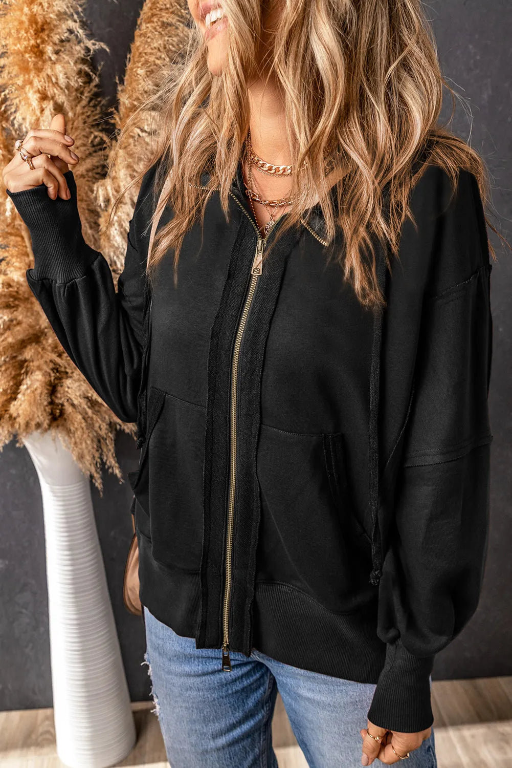 Black Raw Edge Exposed Seam Full Zip Hoodie - Chic Meadow Boutique 