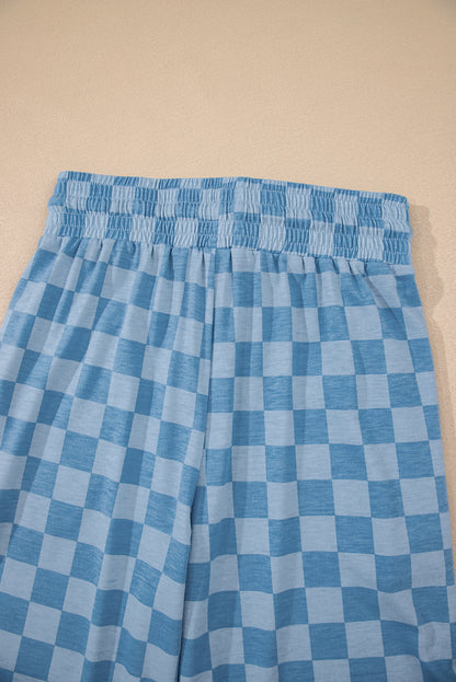 Sky Blue Checkered Elastic High Waist Loose Casual Pants