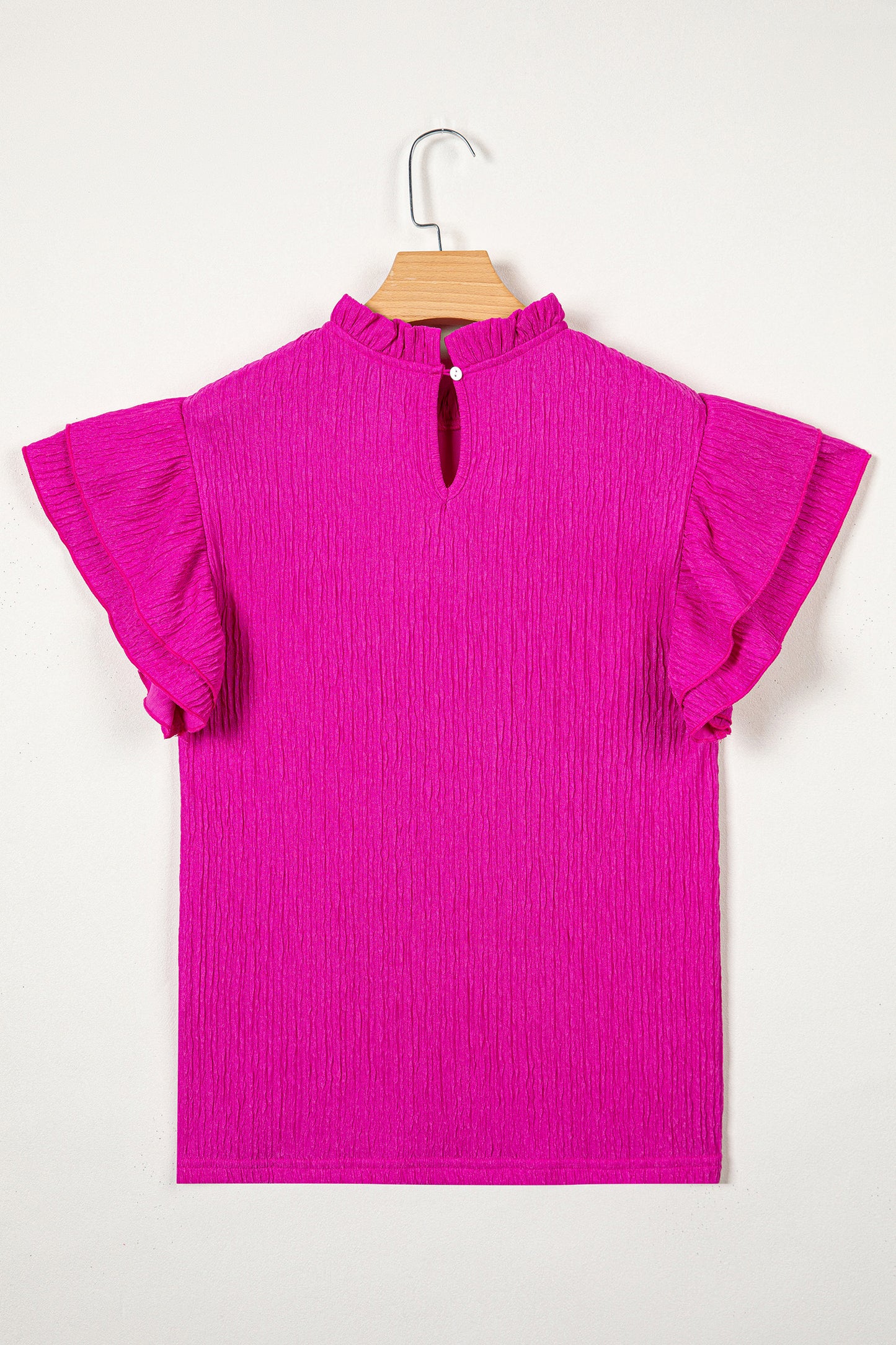 Rose Red Solid Color Textured Ruffle Trim Short Sleeve Blouse