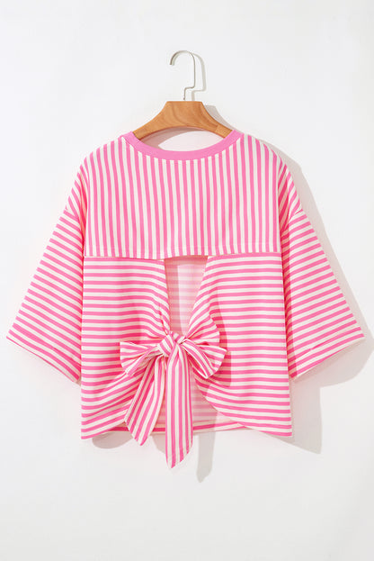 Pink Stripe Bowknot Cutout Back Drop Shoulder Wide Bracelet Sleeve Loose Tee
