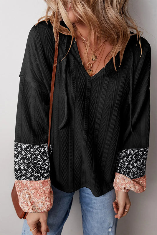 Black Floral Patchwork Textured Knit Drawstring V Neck Blouse - Chic Meadow Boutique 