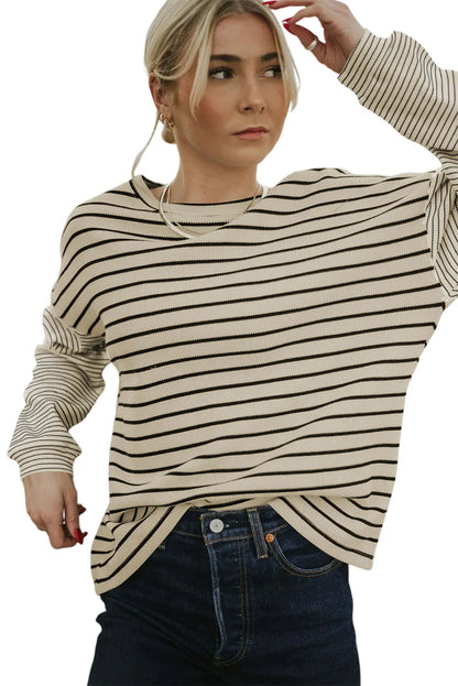 Black Striped Patchwork Loose Long Sleeve Tee - Chic Meadow Boutique 