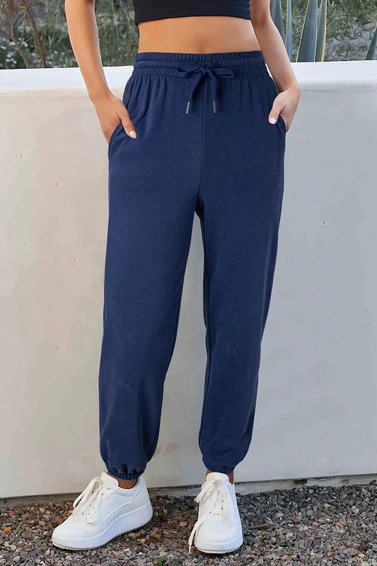 Bottoms/Pants & Culotte Navy Blue / S / 50%Polyester+50%Cotton Navy Blue Solid Color Fleece Lined Drawstring Waist Joggers