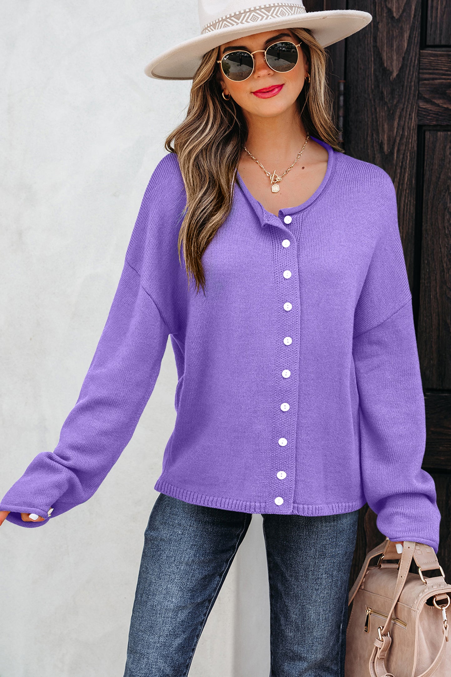 Wisteria Solid Color Knit Button Drop Shoulder Sweater Cardigan