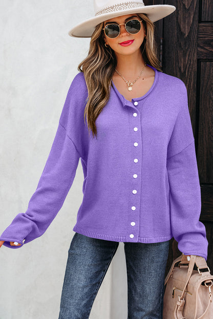 Wisteria Solid Color Knit Button Drop Shoulder Sweater Cardigan