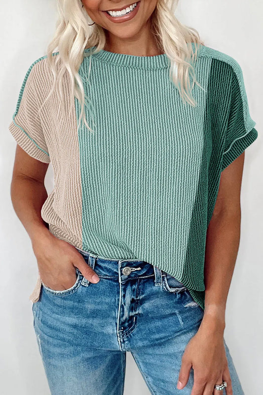 Mint Green Textured Colorblock Crew Neck T Shirt - Chic Meadow Boutique 