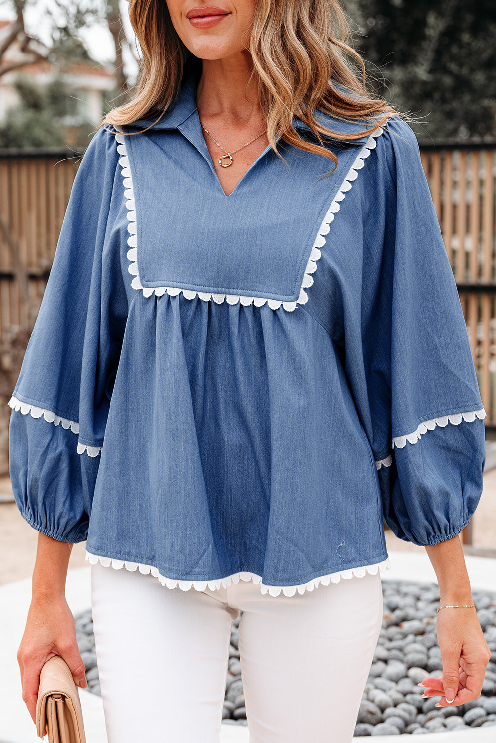 Dusk Blue Lace Ric Rac 3/4 Puff Sleeve Collared Babydoll Blouse