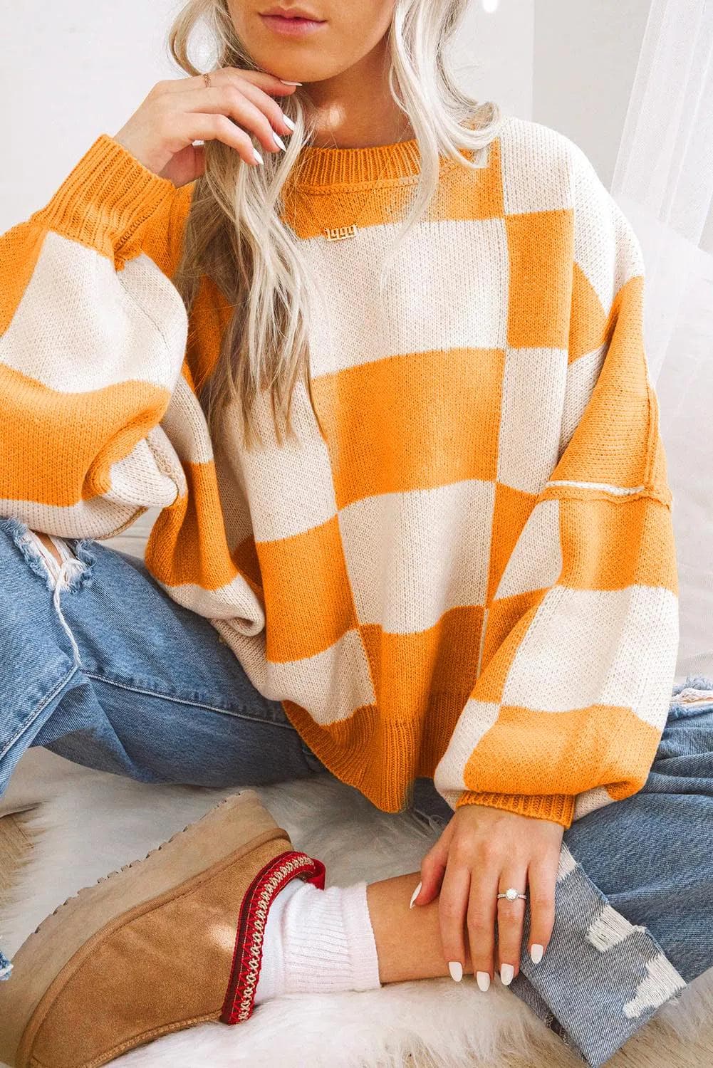 Tops/Sweaters & Cardigans Grapefruit Orange / S / 100%Acrylic Orange Checkered Bishop Sleeve Sweater