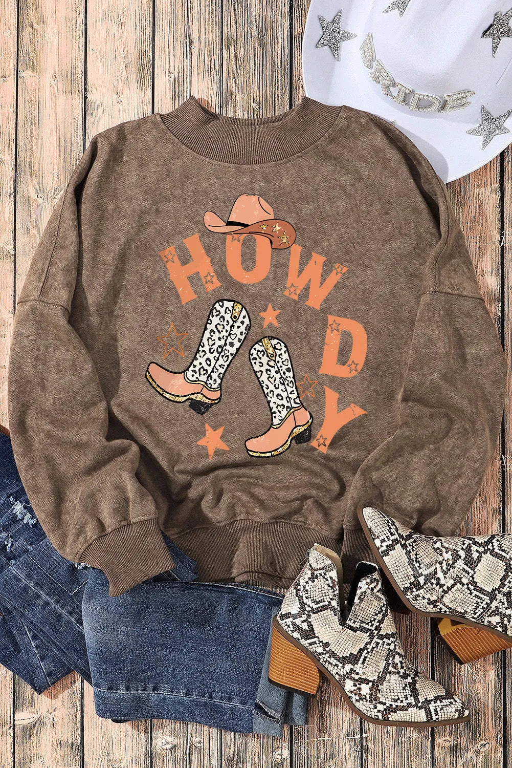 Brown HOWDY Western Fashion Graphic Sweatshirt - Chic Meadow Boutique 