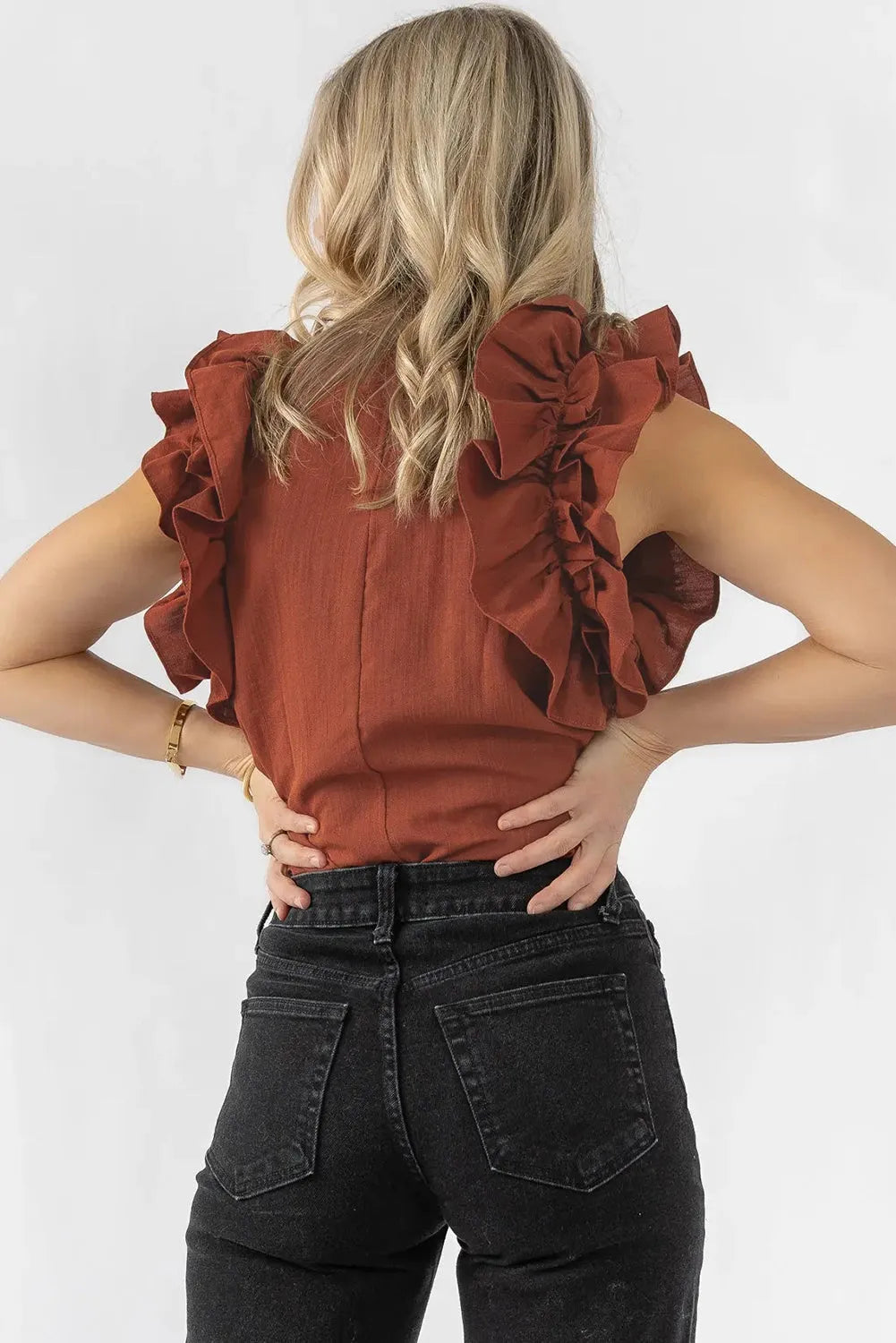 Red Sandalwood Ruffle Trim Sleeveless Blouse - Chic Meadow Boutique 