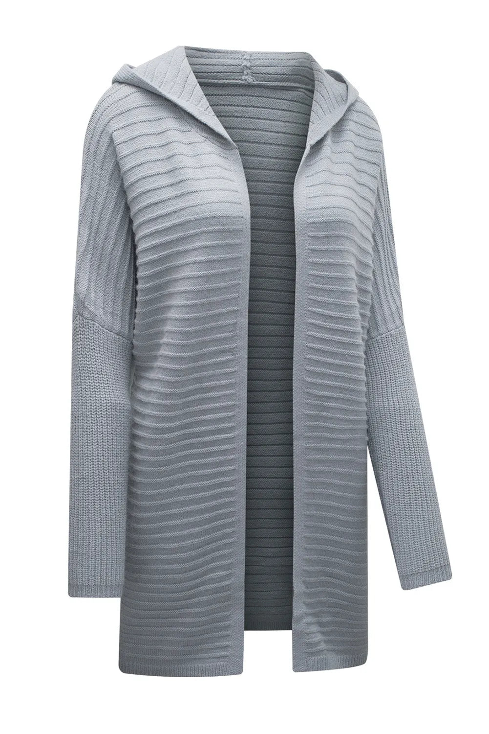 Gray Horizontal Rib Knitted Open Front Hooded Cardigan - Chic Meadow Boutique 