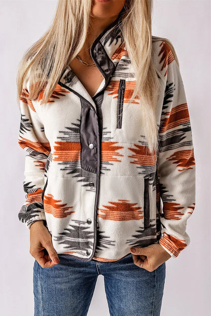 Gray Western Aztec Snap Buttoned Fleece Jacket - Chic Meadow Boutique 