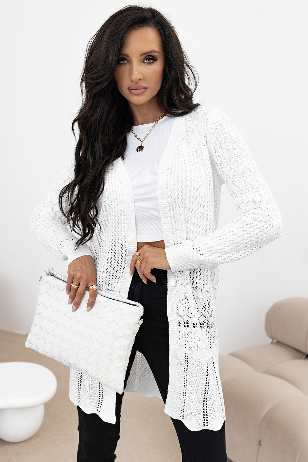 White Crochet Hollow Out Open Front Cardigan