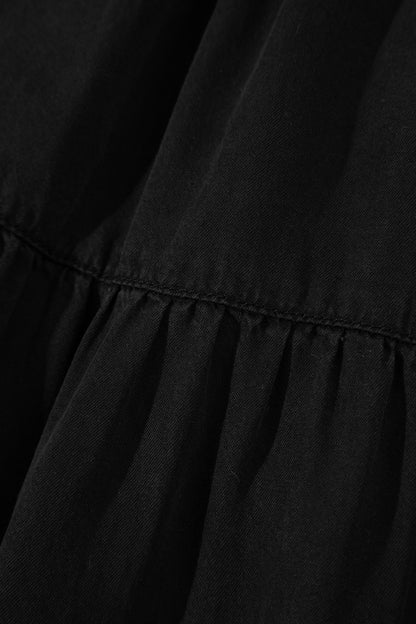 Black Elastic Waist Ruffled Tiered Flared Denim Maxi Skirt