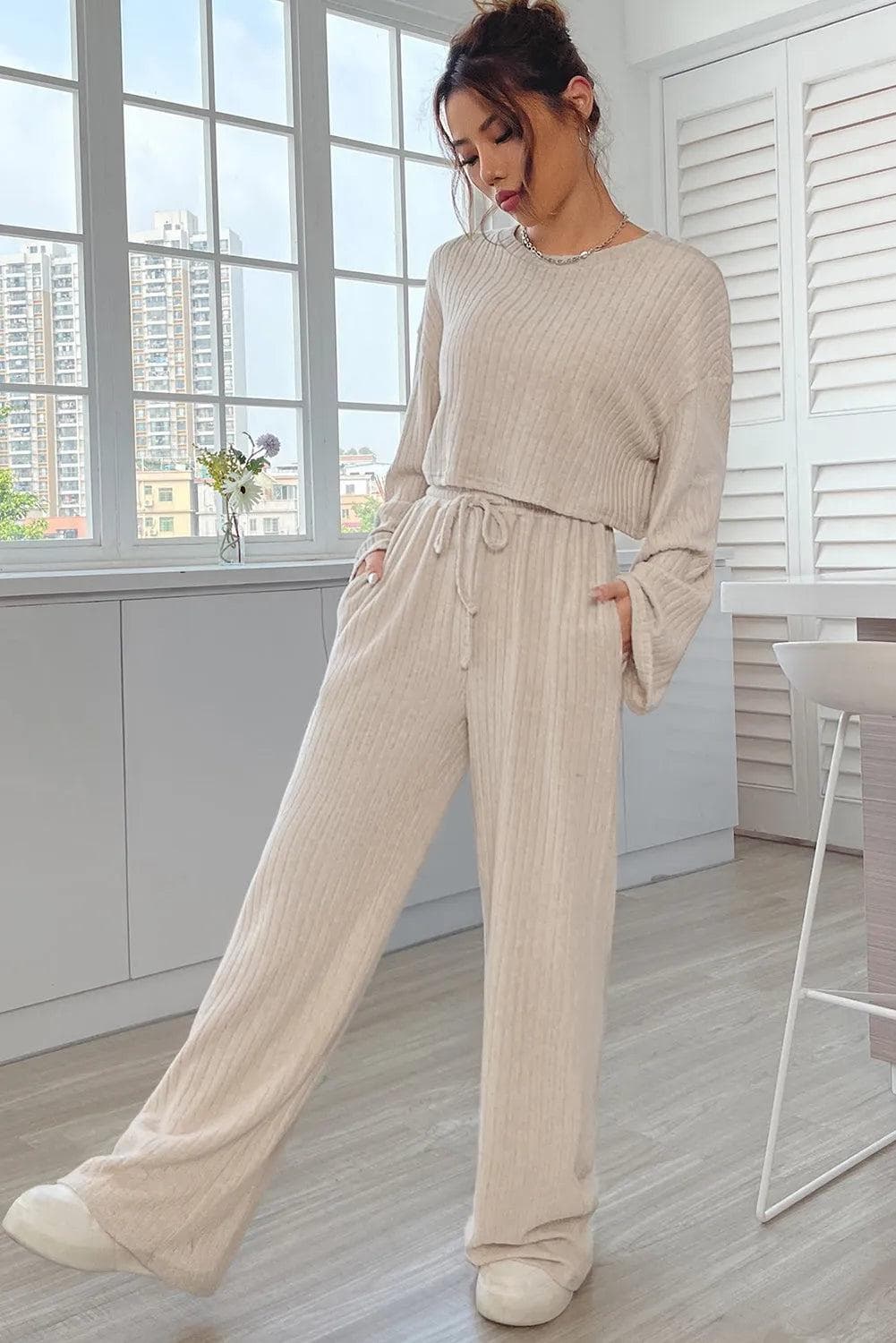 Two Piece Sets/Pant Sets Khaki Ribbed Knit Bell Sleeve Crop Top Drawstring Pants Set